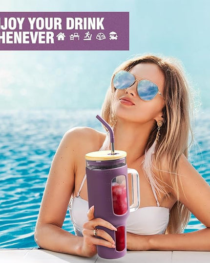 Glass Tumbler with Lid and Straw, 46 oz Iced Coffee Cup with Handle, Glass Water Bottles with Silicone Sleeve, BPA Free-Dark Purple