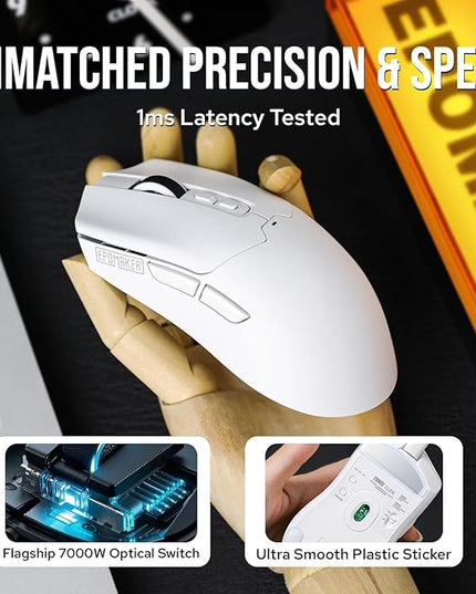EPOMAKER Click Gaming Mouse Wireless 2.4Ghz/BT/Type-C, 800 to 42,000 DPI Adjustable, 8K Polling Rate, 500mAh, Lightweight Optical Mouse, for PC/Mac/Linux (White)