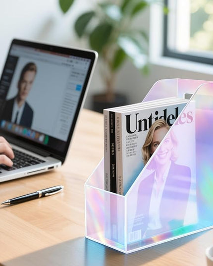 Acrylic Magazine Rack Desk File Holder Organizer for Office Desktop Vertical Magazine Storage Box, 12 x 10 x 5'', Iridescent