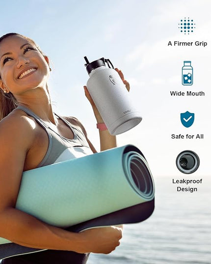 Half Gallon Water Bottle Insulated with Straw&3 Lids, Coolflask 64 oz Water Jug Galaxy Large Metal Stainless Steel flask for Gym, Sports and Office, Keep Cold 48H Hot 24H, Arctic White