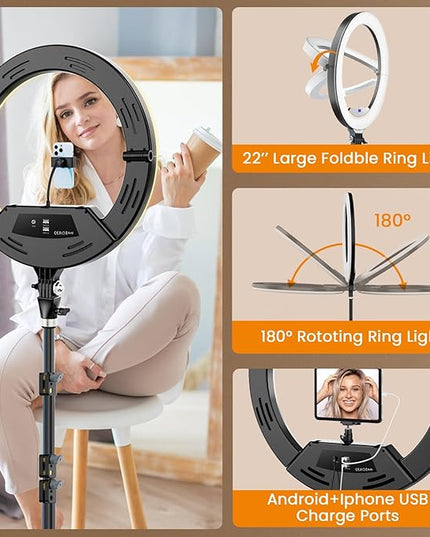 18" Large Ring Light with 60" Tripod Stand for iPhone, Portable Foldable Bi-Color 2500-6500K LED Big Ringlight for iPad with Bluetooth Remote Video Recording YouTube TikTok Photography Makeup