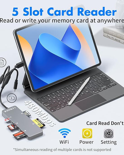 Memory Stick Pro Duo Adapter for iPhone/PC/iPad, 5 in 1 Memory Stick Pro Duo Reader for SD/TF/CF/MS/XD Card, Aluminum Portable Design XD Card Reader with Lightning/USB-C/USB-A Port