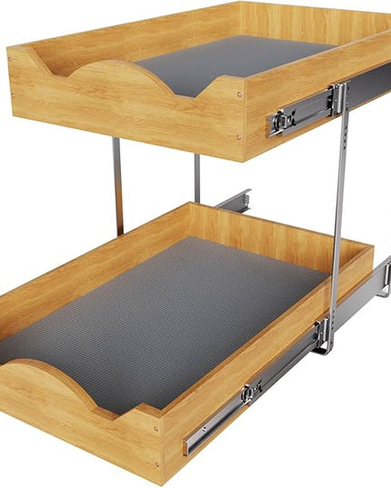 OCG Pull Out Drawers For Cabinets 14"W x 21"D, 2 Tier Heavy-Duty Slide out Wood Drawer Shelf, Pull Out Drawer for Cabinets, Base Cabinet Organization for Kitchen, Pantry, Bathroom