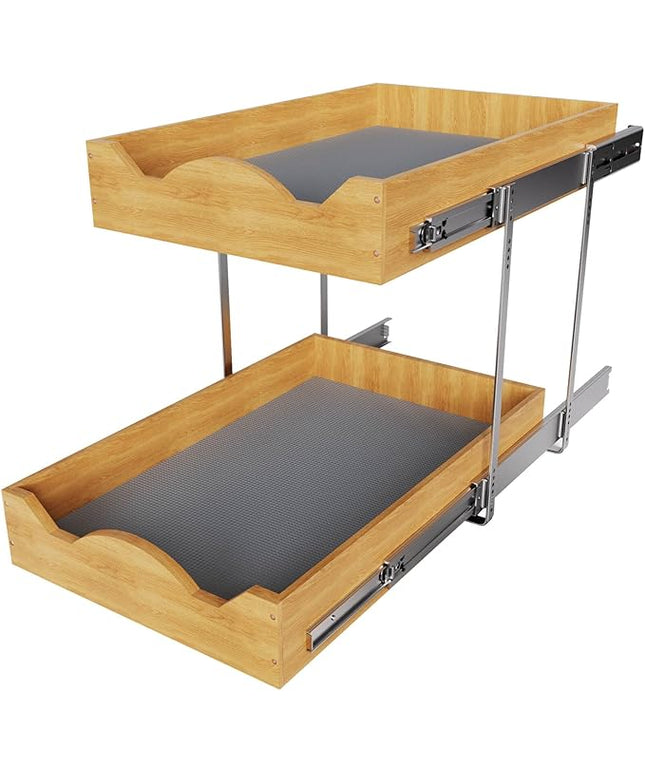 OCG Pull Out Drawers For Cabinets 14"W x 21"D, 2 Tier Heavy-Duty Slide out Wood Drawer Shelf, Pull Out Drawer for Cabinets, Base Cabinet Organization for Kitchen, Pantry, Bathroom