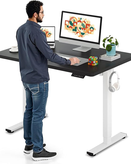 SANODESK Electric Standing Desk 48 x 30 Inches Whole-Piece Desktop Height Adjustable Stand Up Desk w/6-Button Controller Ergonomic Computer Desk for Home Office, White Frame + Black Tabletop