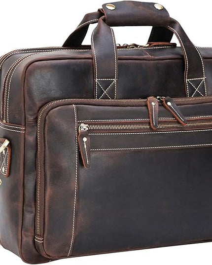 compalo Men's Solid Thick Full Grain Leather 17.3" Laptop Briefcase Classic Messenger Bag Fit Business Travel | Solid, Thick, Full Grain Leather, 17.3", Classic, Fit, Business Travel