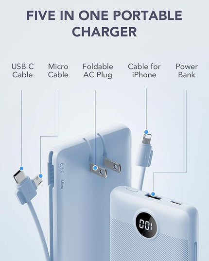 VRURC Portable Charger Built-in Cables and AC Wall Plug, USB C Power Bank 10000mAh, Travel Essentials Phone Charger Compact Lightweight External Battery Pack for Smart Phones, Tablets etc-Blue
