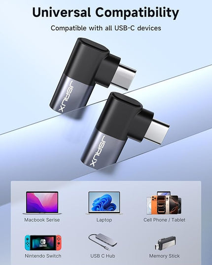 JSAUX 90 Degree USB C Male to Female Adapter 2-Pack, 40Gbps Data Transfer PD 100W Type C 3.1 Extender for Switch 2, Switch OLED, ROG Ally, Steam Deck, VR, MacBook, iPad, iPhone Air/17/16/15 and More