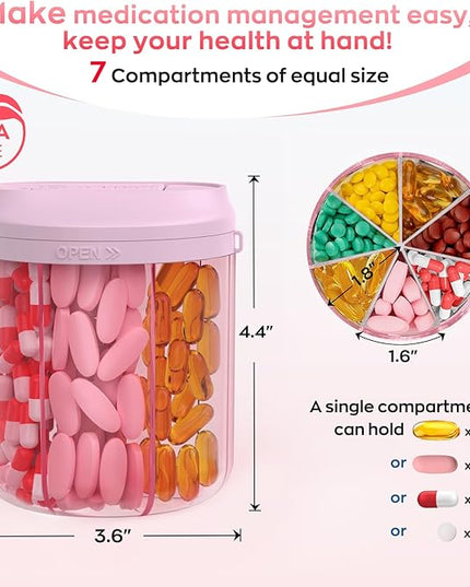 Pill Dispenser with 7 Large Compartments, Pill Bottle Organizer for Travel, Supplement Organizer with Anti-Mixing Design, Pink