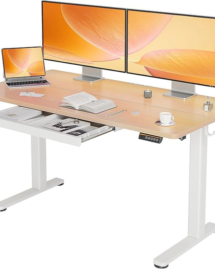 YDN Standing Desk with Drawers, Height Adjustable Desk 55 x 24 Inch, Electric Sit Stand Home Office, Natural