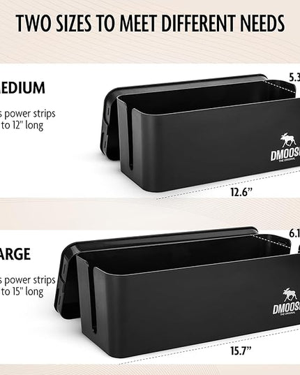 DMoose Cable Management Box - 2 Pack Medium & Large Cord Organizer for Desk & Floor, Cable Organizer Box for Child & Pet - Cable Box Hider for Tidy Office & Home, Power Strip Cover (Black - Pack of 2)