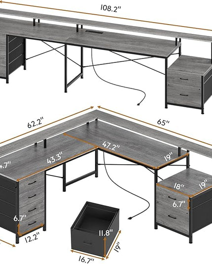 SEDETA L Shaped Desk with 6 Drawer, 108" Home Office Desk with File Drawer & Power Outlet, Corner Computer Desk with Monitor Shelf, Two Person Desk, Gaming Desk with Led Lights, Grey
