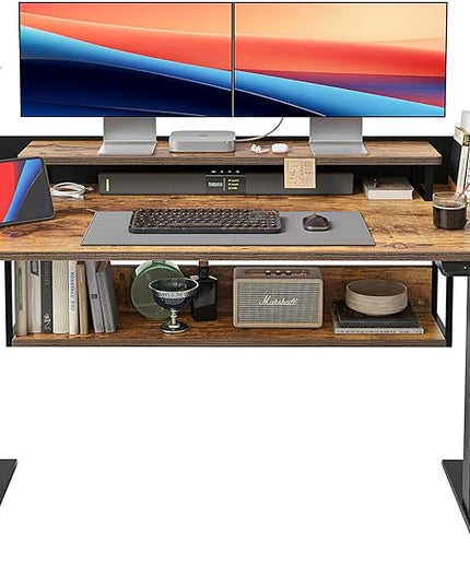 FEZIBO 55" Electric Standing Desk with Shelves, 55 x 24 Inch Sit Stand Rising Desk with Monitor Stand and Storage, Ergonomic Home Office Computer Desk, Rustic