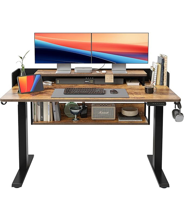 FEZIBO 55" Electric Standing Desk with Shelves, 55 x 24 Inch Sit Stand Rising Desk with Monitor Stand and Storage, Ergonomic Home Office Computer Desk, Rustic