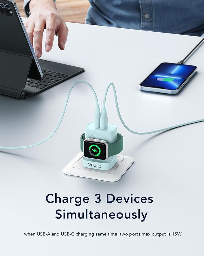 VRURC for Apple Watch Charger, Wireless Magnetic Portable iWatch Charger, PD 20W 3-in-1 Travel Essentials Fast Charging Block for iWatch Ultra/SE/11/10/9/8/7/6/5,iPhone 17/16/15/14/13 etc-Green