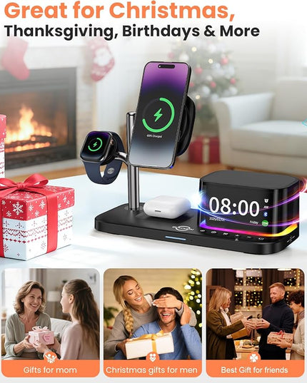 6-in-1 Wireless Charging Station for Multiple Apple Devices with Bluetooth Speakers Alarm Clock Night Light, Qi2.2 Phone Charger Stand for iPhone 17/16/15/14/13/12 Pro Max Apple Watch Airpods