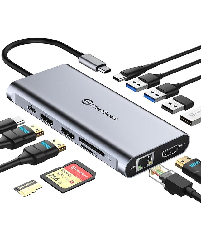 UtechSmart USB C Hub, 3 HDMI Docking Station Triple Display 12 in 1 USB C Laptop Adapter with 4K HDMI PD3.0 SD TF Card Reader Gigabit Ethernet for MacBook Pro/Air/M1/M2 & Windows