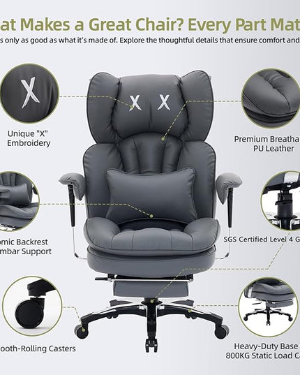 Efomao Big and Tall Office Chair with Footrest – High Back Computer Chair with Adjustable Armrests，Executive Office Chair with Wide Seat, Modern Desk Chair for Home Office, Gaming, or Study, Grey