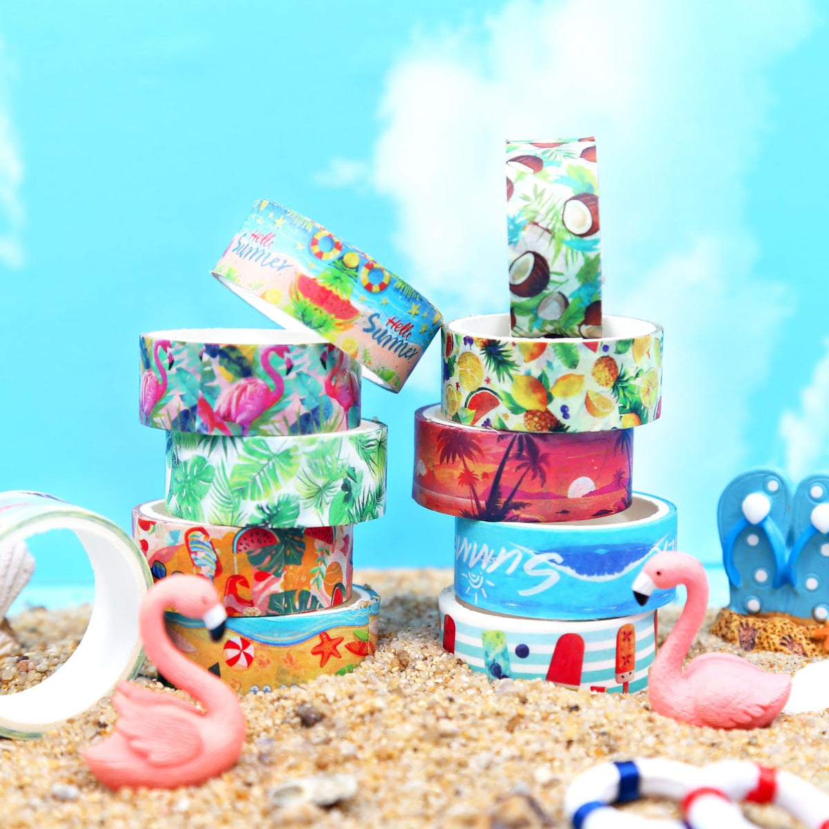 NIKOMIE Summer Washi Tape Set,12 Rolls Hawaii Beach Holiday Decorative Tape Flamingo Tropical Leaves Coconut Watermelon Pineapple Masking Tape for Journaling Supplies, Gift Wrapping, DIY Art&Crafts