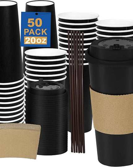 Coolcap 20 oz 50 Pack Coffee Cups with Lids and Sleeves, Straws, Hot Disposable To Go Travel Paper Cups Bulk for Office, Home Coffee Bar Accessories, Chocolate, Cocoa, Beverage (Black)