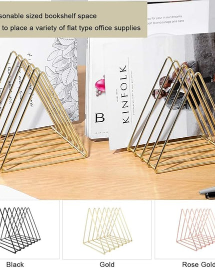 Urban Deco Triangle Desk Organizers Metal Wire Magazine Holder 7 Sections Decorative File Folder Organizer Vinyl Record Storage Office For Desk - Gold Magazine File Holder - Pack of 2