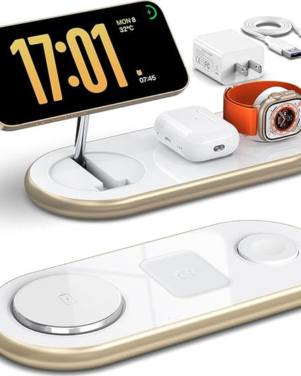 Magnetic Charging Station, 3 in 1 Faster Mag-Safe Wireless Charger Stand, Wireless Charging Pad for Apple Devices, iPhone 17/16/15/14/13/12 Series, iWatch Series, AirPods (Golden)
