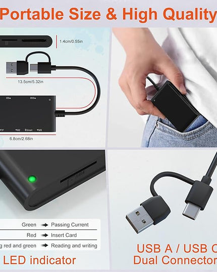 USB C/A SIM Card Adapter Smart Card Reader - 7 in 2 CAC Reader Military & MS Pro Duo/SD/TF/M2/ID/IC/PIV/SIM Card Reader, Memory Stick Pro Duo Adapter CAC Card Reader USB C for Windows, Linux, MacOS