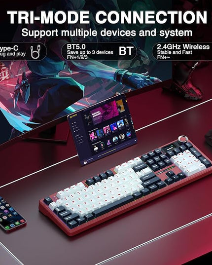 AULA F108 PRO - Wireless Mechanical Keyboard with Screen&Knob,Hot Swappable Gaming Keyboard with 8000mAh Battery,Pre-lubed Switches,RGB Backlit,PBT Keycaps Creamy Sounding Computer Keyboards,104 Keys