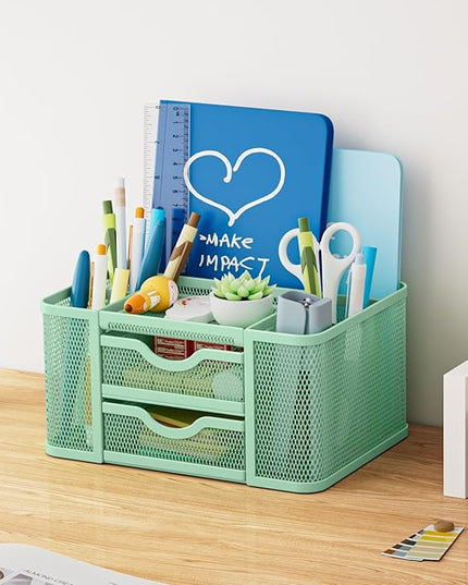 Marbrasse Mesh Desk Organizer, Pen Organizer with 2 Drawer, Multi-Functional Pencil Holder, Desk Organizers and Accessories with 5 Compartments + Drawer for Office Art Supplies (Green)