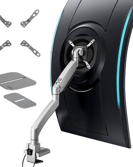 AVLT Single 17"-57" Super Ultrawide Monitor Arm for Screens Up to 59.5 lbs, Premium Aluminum Desk Stand, Adjustable Pneumatic Height, Full Motion Swivel Tilt Rotation, USB-C & USB-A Ports, Gray