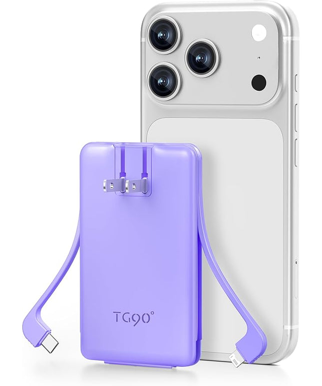 TG90° Ultra Slim 5000mAh Power Bank Built-in AC Wall Plug and Cables, Pocket Size USB C Portable Charger, External Battery Pack Compatible with iPhone 17 16 15 14 13 12 Samsung S22 S21 Google iPad