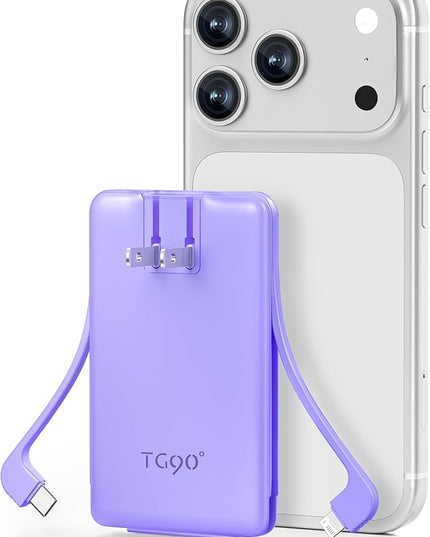 TG90° Ultra Slim 5000mAh Power Bank Built-in AC Wall Plug and Cables, Pocket Size USB C Portable Charger, External Battery Pack Compatible with iPhone 17 16 15 14 13 12 Samsung S22 S21 Google iPad