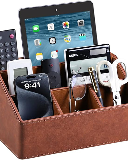 MEIBOOCH PU Leather Desk Organizer, Luxury Remote Control Holder for Home, Office Desk Accessories Table Caddy Bedside Nightstand Organizer (Brown)