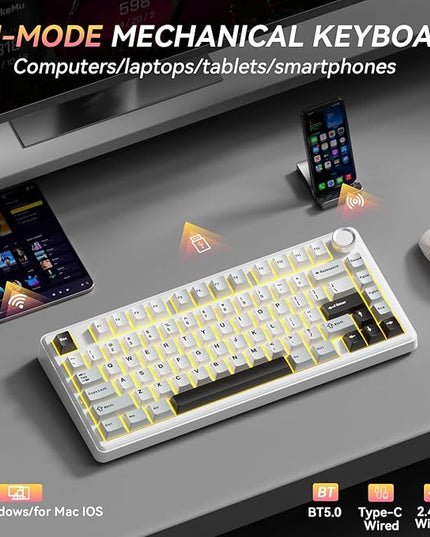SOLAKAKA A75 75% Wireless Mechanical Keyboard, Hot Swappable Gaming Keyboard with Multifunction Knob & RGB, Gasket Mounted Creamy Keyboard, PBT Keycaps, Compact Layout for Win/Mac/PC
