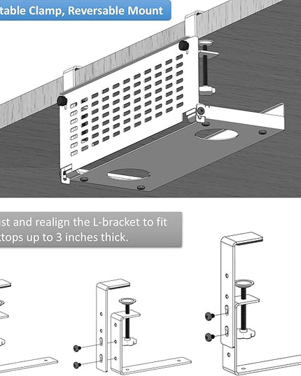 AEONS Universal Under Desk Cable Management Tray-Clamp Mount Hinged Swing Modesty Panel Organizer for Office Desks Easy Access Flip-Down position Power Strip Cord Storage No-Drill 25 lb Capacity White