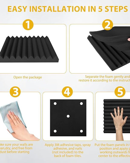 24 Pack Acoustic Foam Panels 1" x 12" x 12" Sound Proof Foam Panles Saiqiang Soundproofing Noise Absorbing Wedge Black Panels for Wall Studio Foams with Double-Side Adhesive