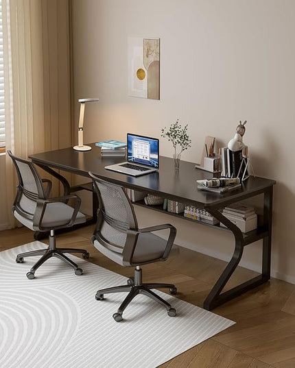 Extra Long Desk with Bookshelf - 63" Double Long Writing Table for 2-Person Workstation, Modern Study Work Computer Desk for Home and Office, Black