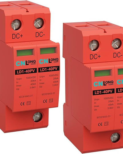2P 40KA Voltage Surge Protector DC 1000V Solar PV Lightning Arrester Device for Rv, Home Lightning Protection System 35mm DIN Rail Mount (2pcs)