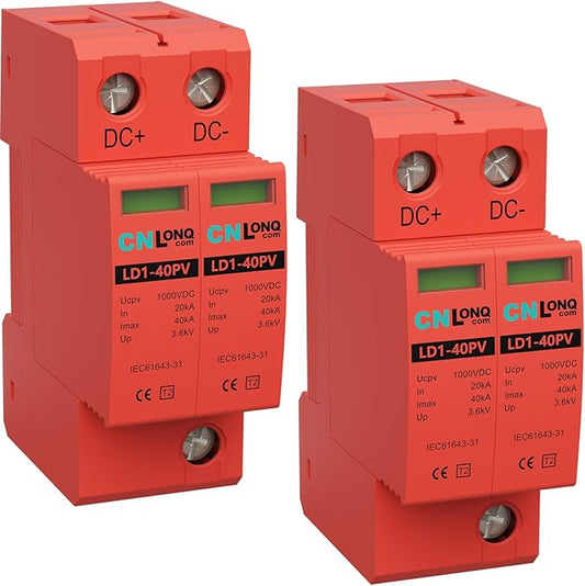 2P 40KA Voltage Surge Protector DC 1000V Solar PV Lightning Arrester Device for Rv, Home Lightning Protection System 35mm DIN Rail Mount (2pcs)