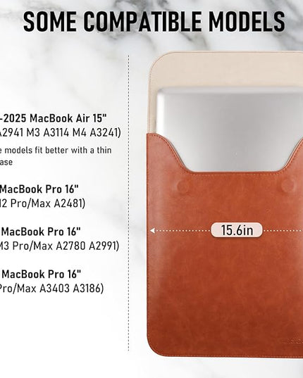 Allinside 15-16 inch Laptop Sleeve Case Compatible with MacBook Air 15 2023-2025/MacBook Pro 16 2021-2024, Waterproof PU Leather Laptop Sleeve Bag Protective Vertical Case Cover, Brown