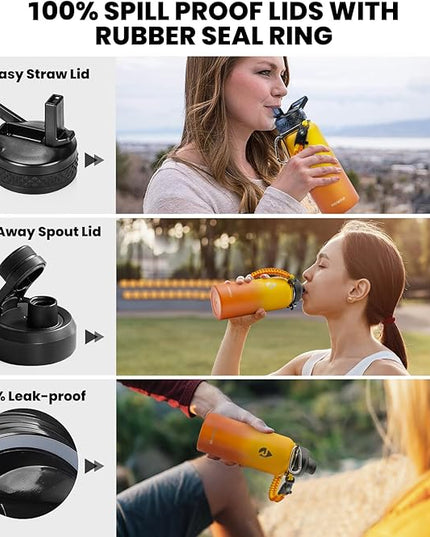 Insulated Water Bottle 32 oz, Triple Wall Vacuum Stainless Steel (Cold for 48 Hrs), Leak Proof & Non-BPA, Modern Water Flask Jug with Paracord Handle & Straw Spout Lids, Ombre Orange