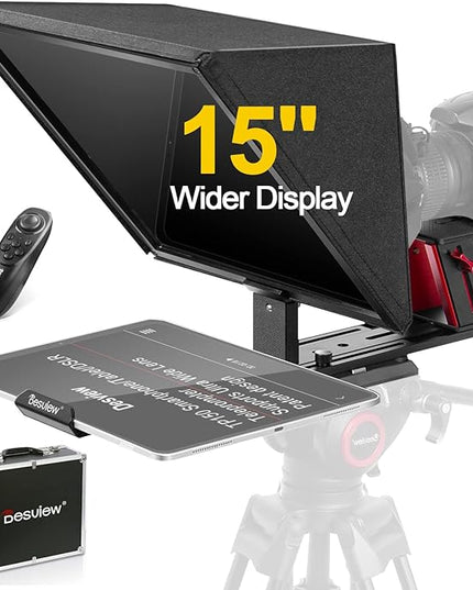 Desview TP150 teleprompter 15 inch High Display Mirror Aluminum Alloy Teleprompter with Remote Control Compatible with ipad DSLR Camcorders Easy Assembly with Carry Case for Video Making