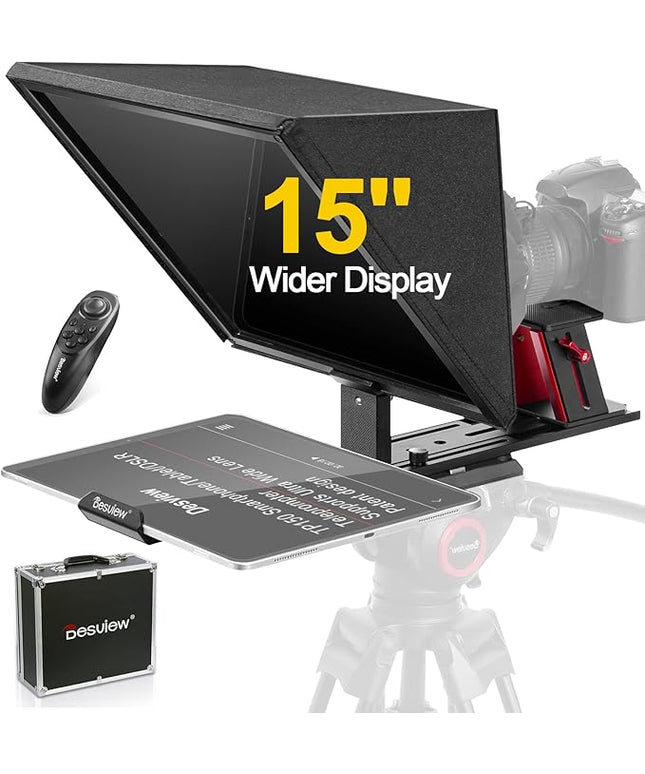 Desview TP150 teleprompter 15 inch High Display Mirror Aluminum Alloy Teleprompter with Remote Control Compatible with ipad DSLR Camcorders Easy Assembly with Carry Case for Video Making