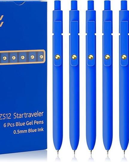 UIXJODO Blue Pens, 6 Pcs Blue Ink Pens Fine Point Smooth Writing Pens, 0.5mm Colored Ink Gel Pens for Journaling Note Taking, School Supplies Gifts for Women (6 Pcs Gold Blue - Blue Ink)