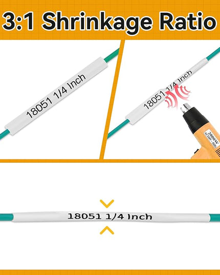Rhino 4200 Heat Shrink Tube Tape 1/4" 6mm Replacement for Dymo Rhino 18051 Heat Shrink Labels Compatible with DYMO Industrial Label Maker 5200 5000 6000 | Black on White | 4-Pack