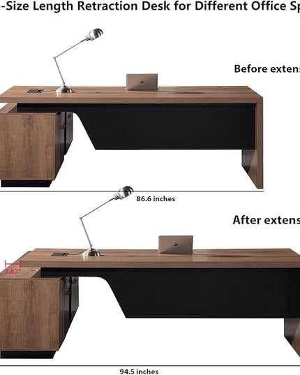 Retractable L-Shaped Executive Desk, Modern Office Desk with Drawers and Lateral File Cabinet, Large Computer Desk with Storage Shelves, Workstation for Home Office (Right Return, 86.6 - 94.5 IN)