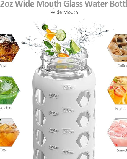MUKOKO 32oz Glass Water Bottles with 2 Lids-Handle Spout Lid&Bamboo Straw Lid, Motivational Water Tumbler with Time Marker Reminder and Silicone Sleeve, Leakproof-White-1 Pack