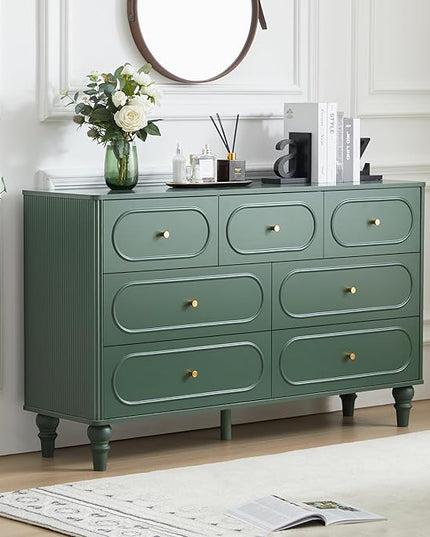 ORRD Fluted 7 Drawer Dresser for Bedroom, Modern Mid Century Chest of Drawers, Wood Storage Large Dresser Organizer for Bedroom Living Room Closet Hallway, Green
