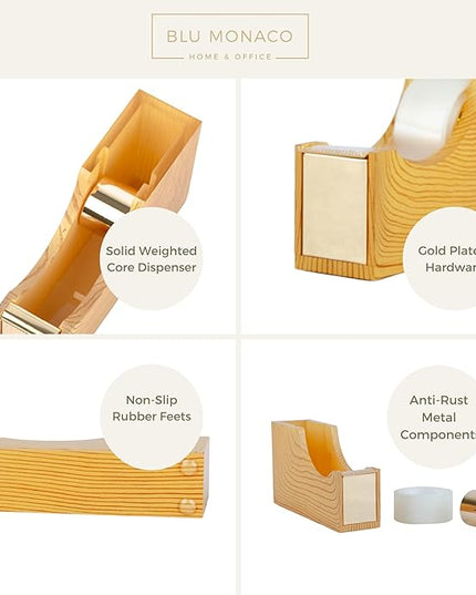 BLU MONACO | Acrylic Tape Dispenser with Woodgrain Surface | Desktop Tape Cutter with Smooth Blade and Non Slip Base | Fits Standard and Large Rolls Desk Accessory