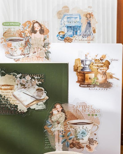 AuriicLeaf Coffee Aesthetic PET Stickers, 60 Pcs Large Collage Ephemera for Scrapbooking, Journaling, DIY Crafting, and Art Supplies